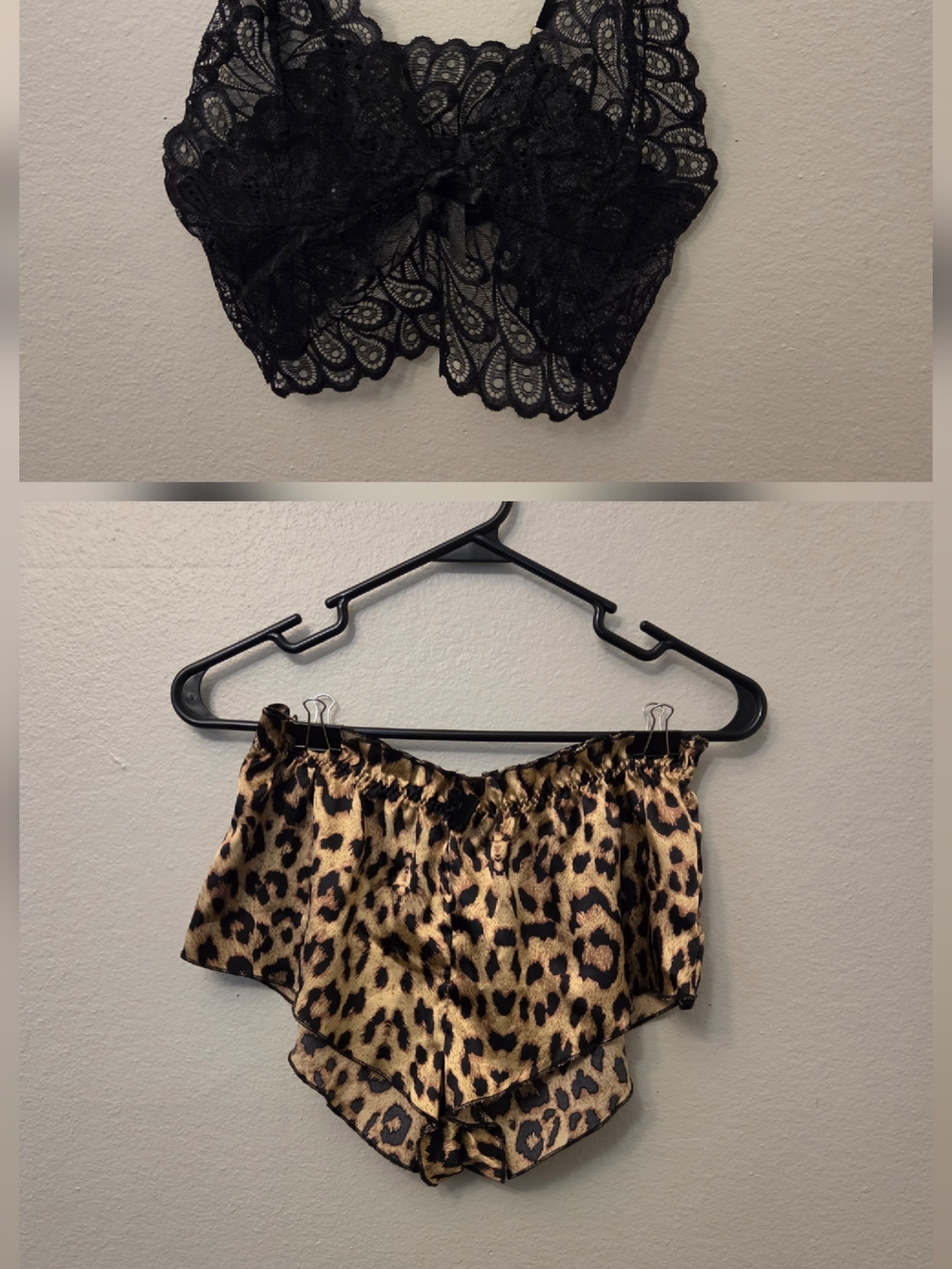 SHEIN Black Lace Bralette with Leopard Print Satin Shorts